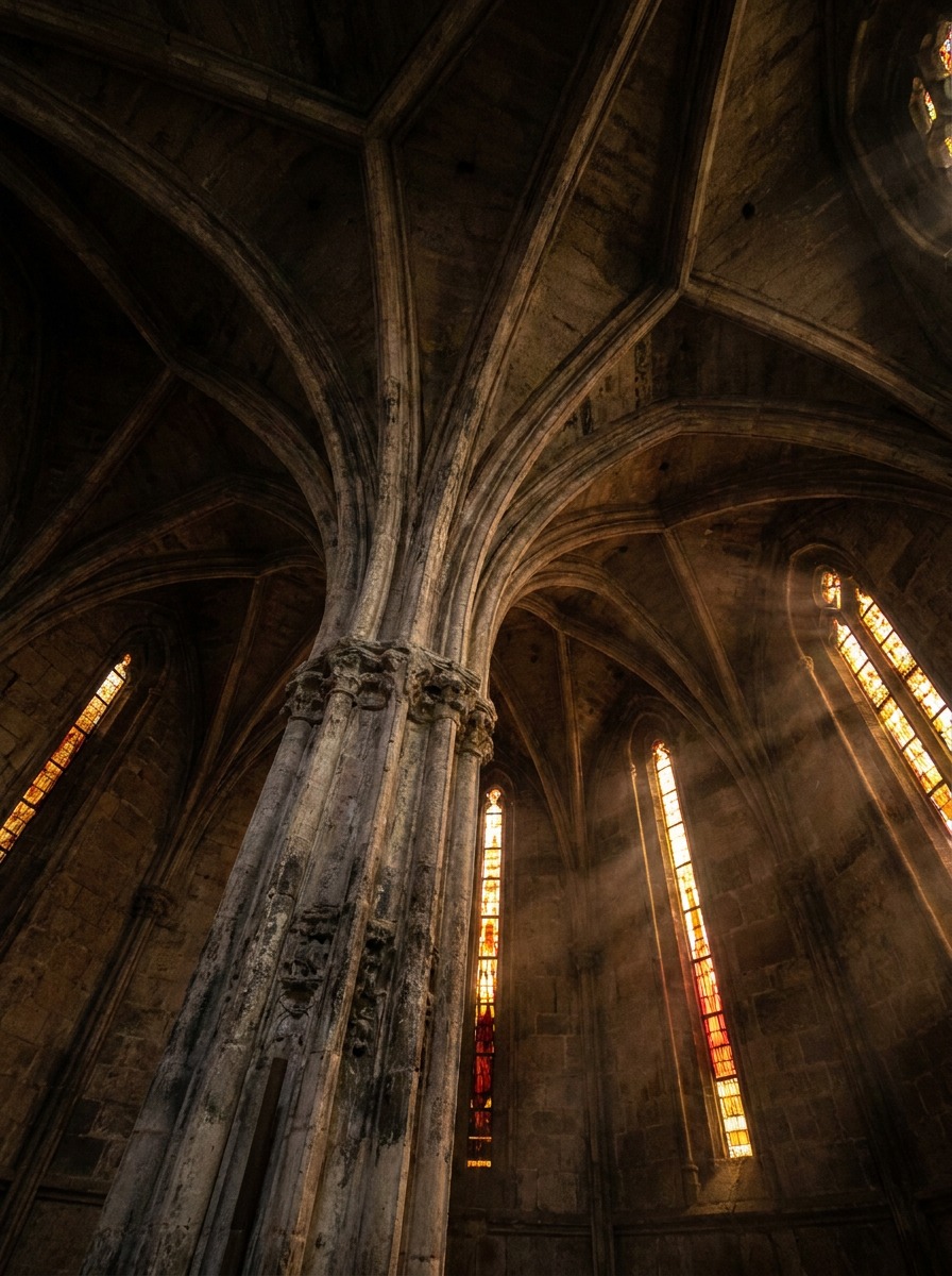 Branching stone column rising into a hyperboloid ceiling lit by stained glass.