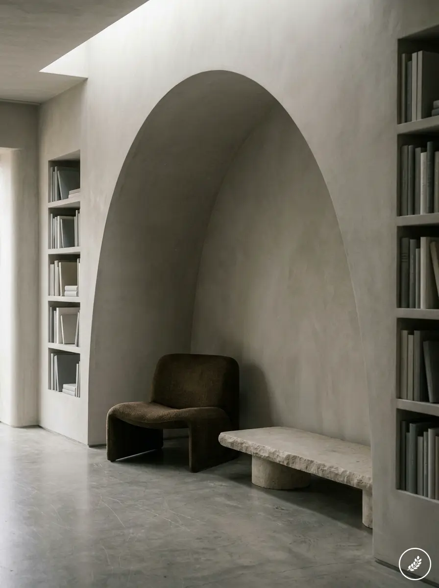 Minimalist neutral interior with arched alcove reading nook, built-in bookshelves, concrete bench and brown lounge chair.