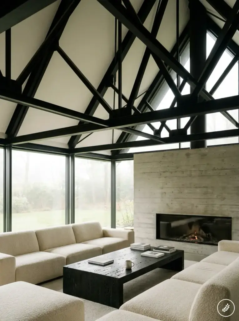 Modern living room with black exposed steel trusses, floor-to-ceiling windows, concrete fireplace, neutral sofas.