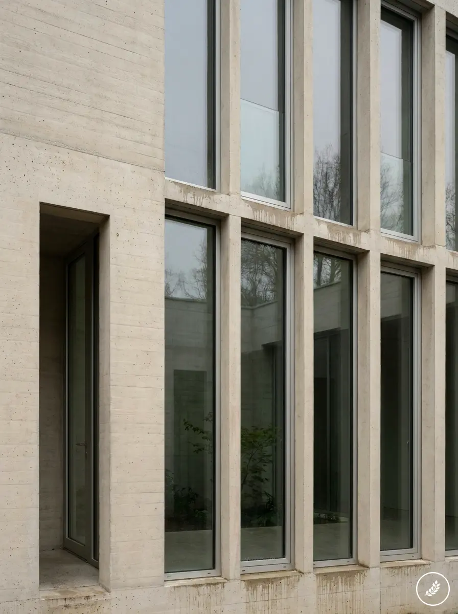 Minimalist concrete building facade with tall narrow floor-to-ceiling windows reflecting trees, modern architectural design