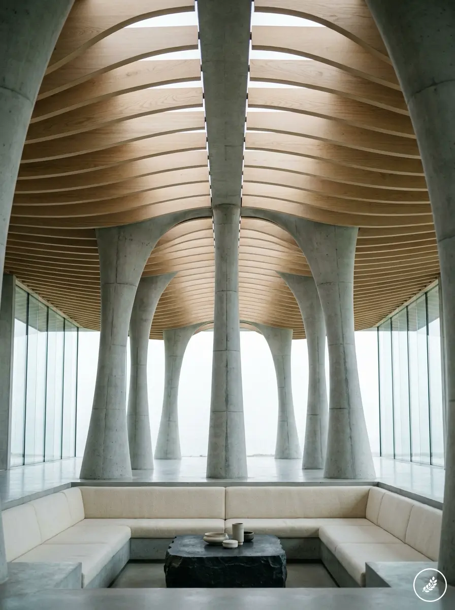 Modern minimalist lounge with sunken beige seating, sculptural concrete columns, wood slatted ceiling and glass walls