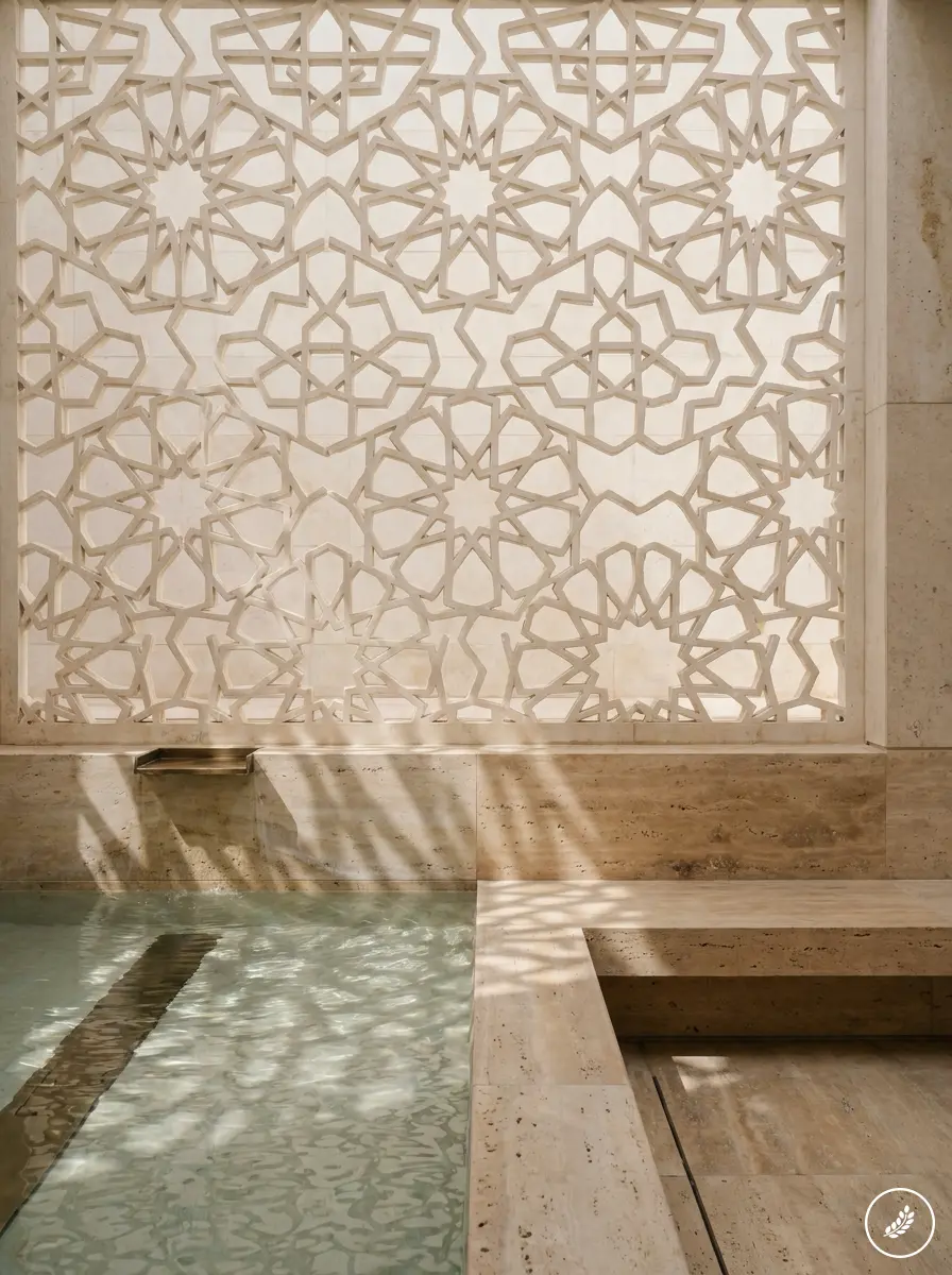 Marble spa with Islamic geometric screen (mashrabiya) casting decorative sunlight patterns over calm water