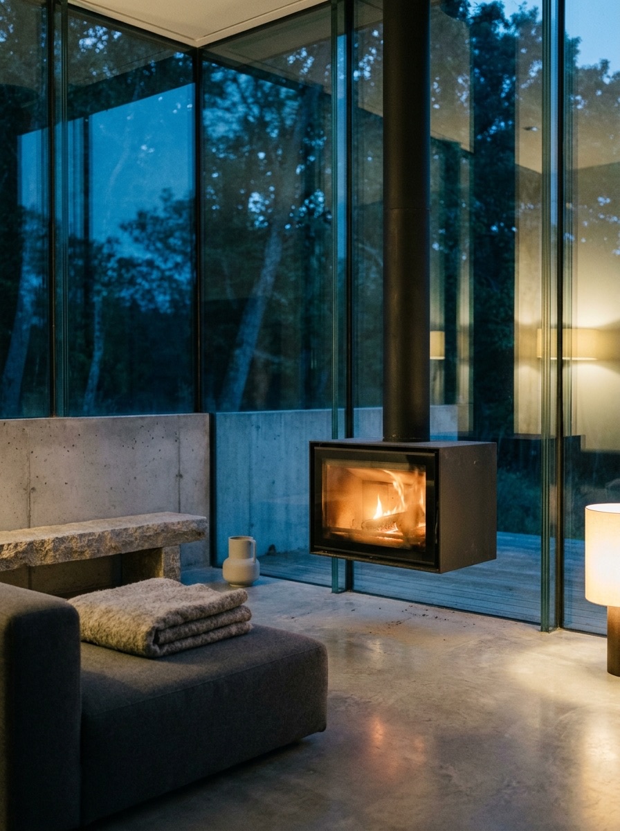 Glass house living room with suspended fireplace, concrete floor, and cozy modern fireplace decor