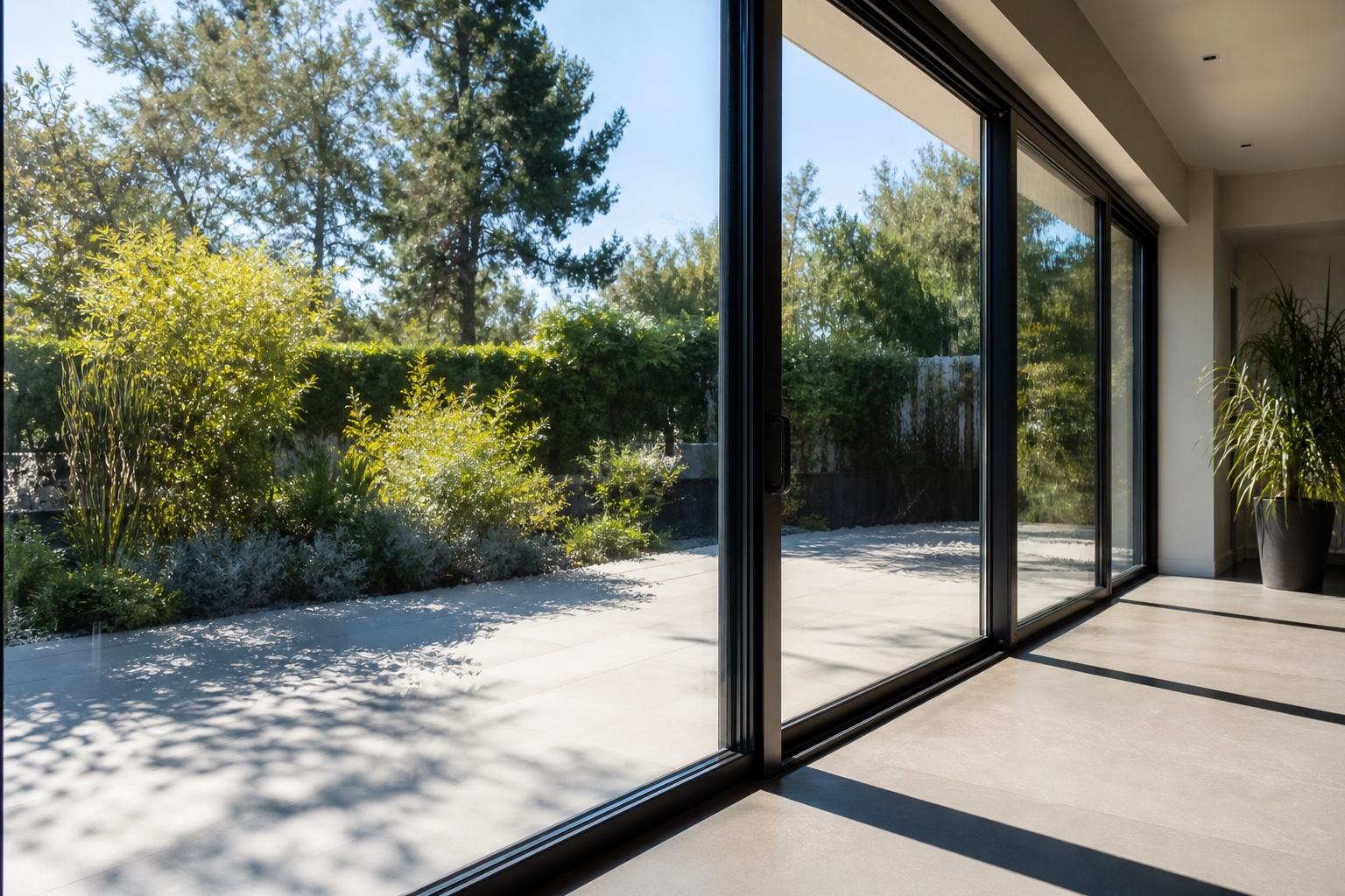 Heat shimmer near a large sliding glass door Large sliding glass door in bright sun with hard frame shadows across the floor. | Sky Rye Design Large sliding glass door in bright sun with hard frame shadows across the floor.