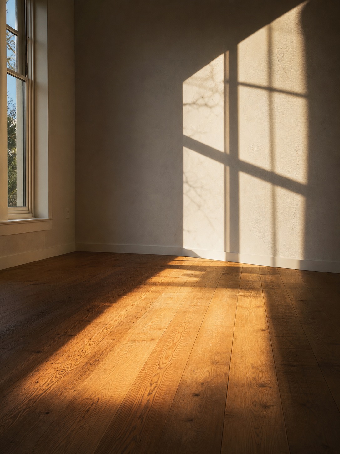 Golden hour sunlight pouring through a clean window and casting a long warm rectangle across a wood floor.