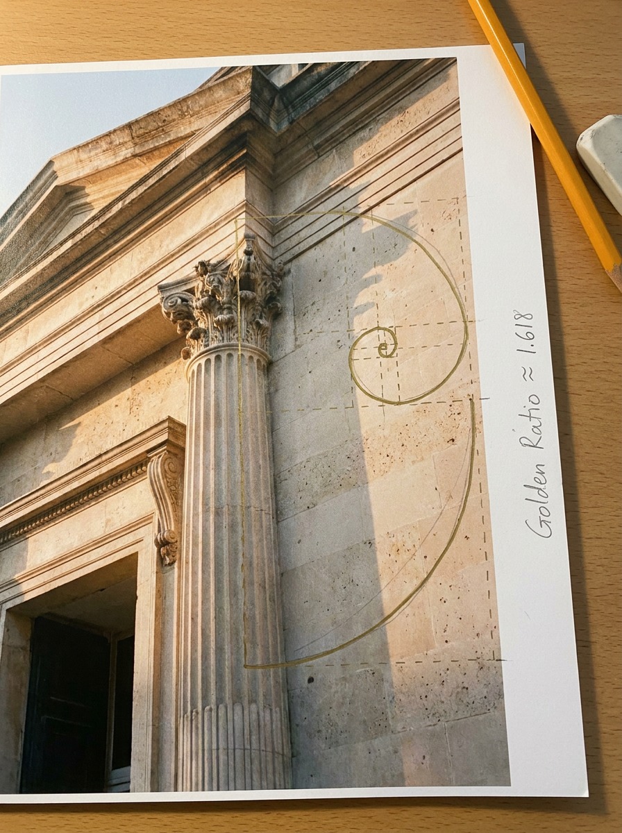 Golden Ratio spiral drawn over a classical stone facade with columns and pediment.