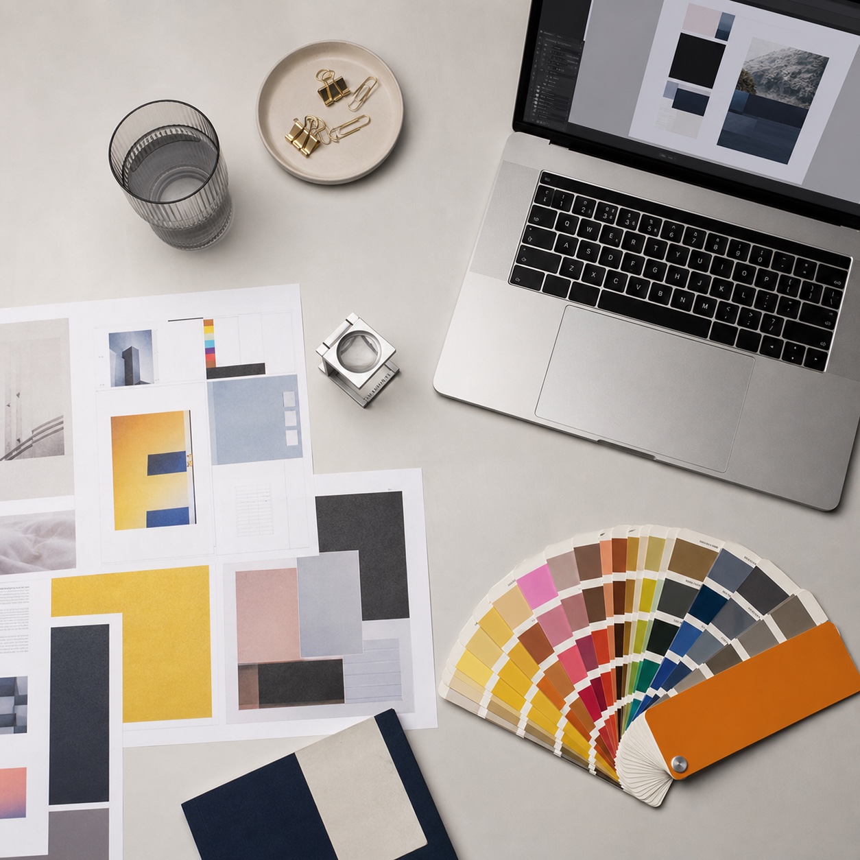 Hero flat lay designers desk with proofs and swatches Designer desk flat lay with print proofs, color swatches, a loupe, and a laptop file. | Sky Rye Design Designer desk flat lay with print proofs, color swatches, a loupe, and a laptop file.