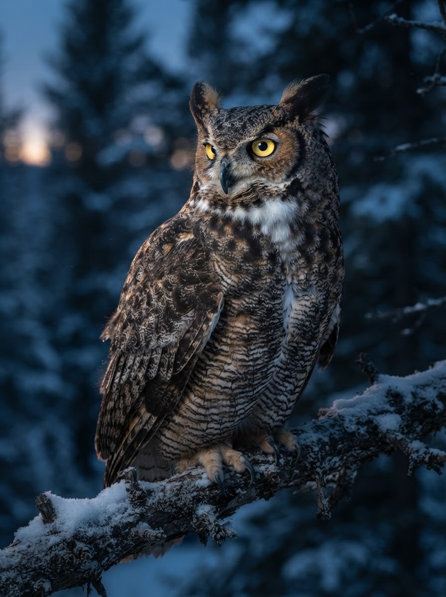 Close-up photo of a great horned owl with ear tufts and yellow eyes on a snowy branch at twilight