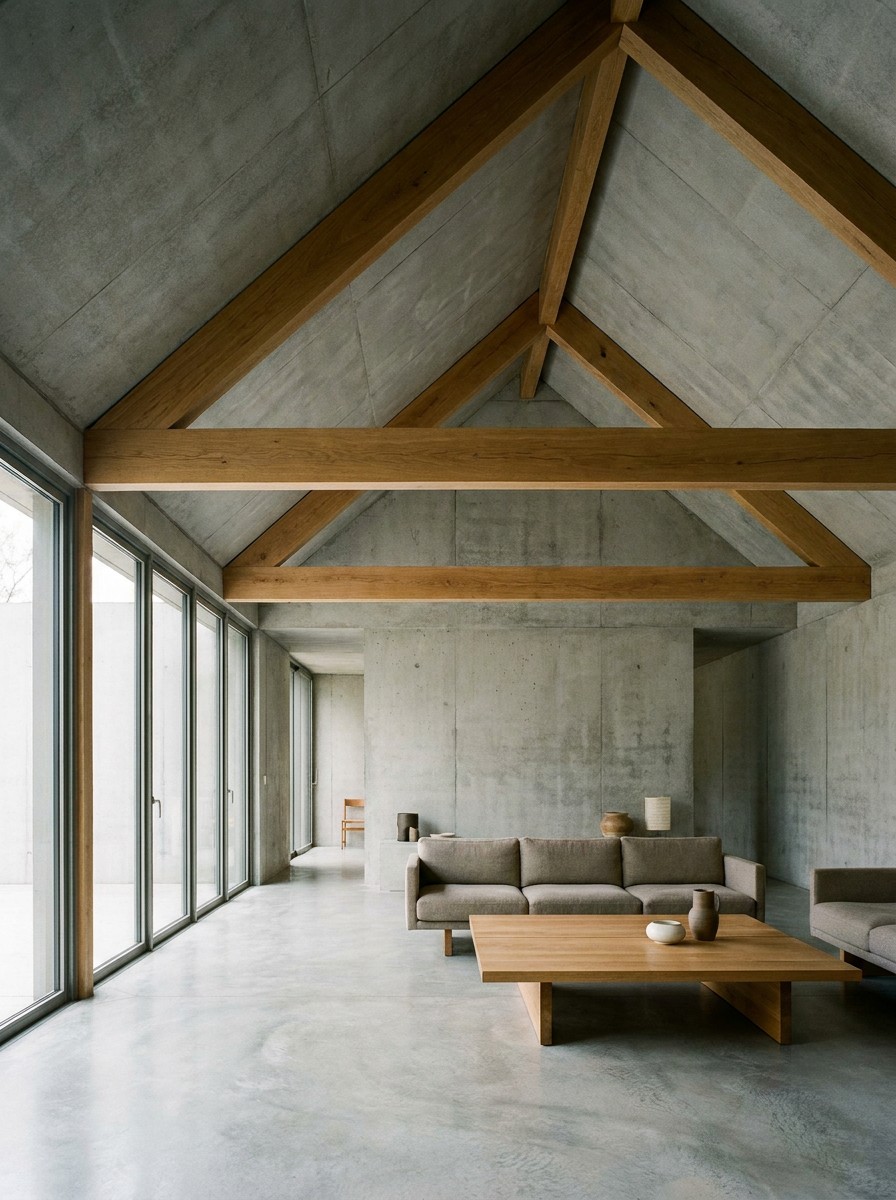 Modern minimalist great room with a vaulted ceiling and exposed wooden beams without soffits or ductwork