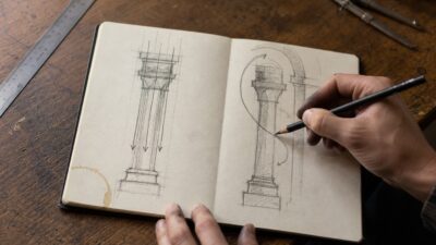 Hands sketching Greek column compression and Roman arch load paths in an architectural notebook