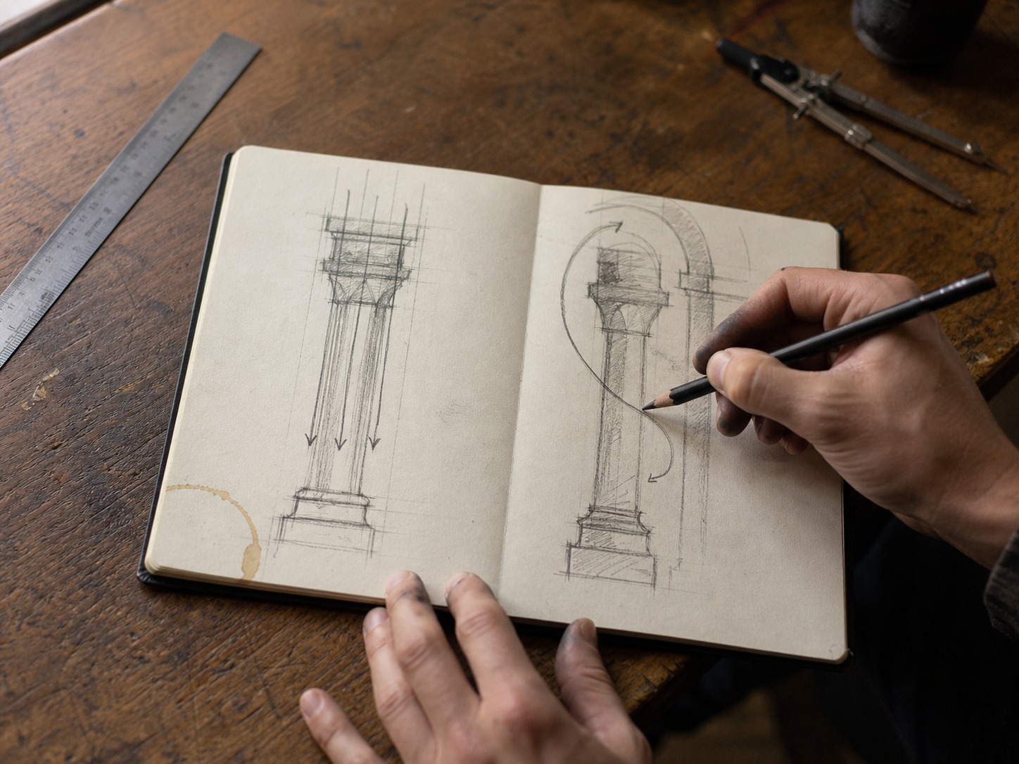 Greek vs Roman architecture load path sketch Hands sketching Greek column compression and Roman arch load paths in an architectural notebook | Sky Rye Design Hands sketching Greek column compression and Roman arch load paths in an architectural notebook
