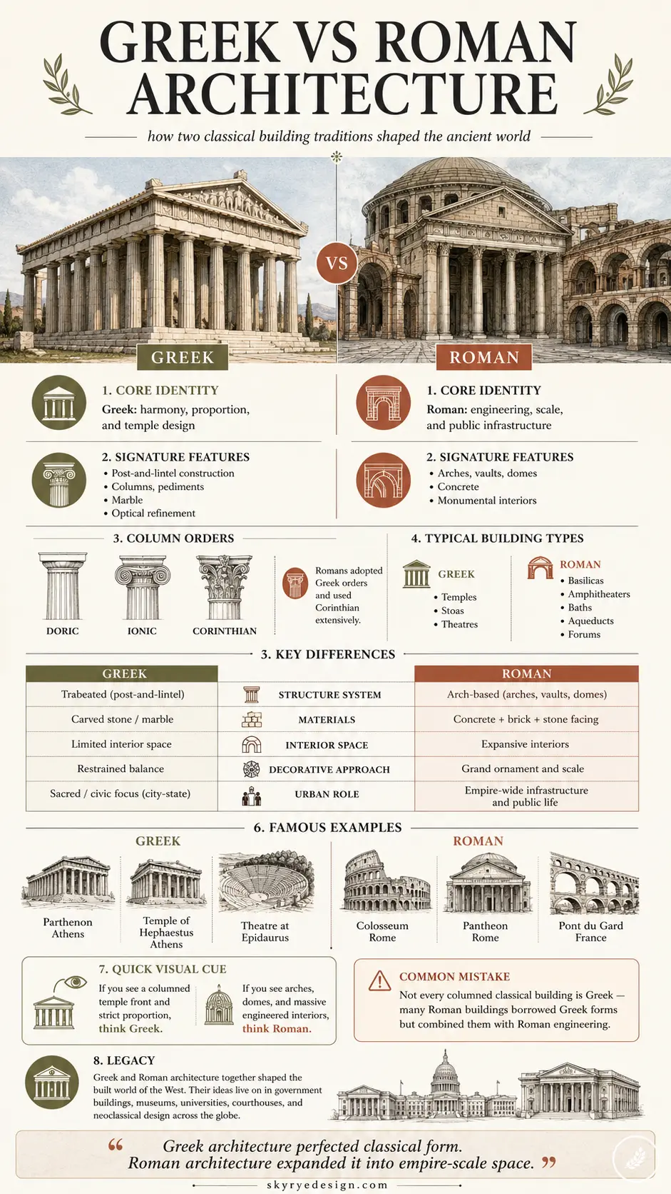 9d770123-307c-4fc5-b624-0df172b1708c Infographic: Greek vs Roman architecture comparison - columns (Doric/Ionic/Corinthian), arches, materials, examples | Sky Rye Design Infographic: Greek vs Roman architecture comparison - columns (Doric/Ionic/Corinthian), arches, materials, examples
