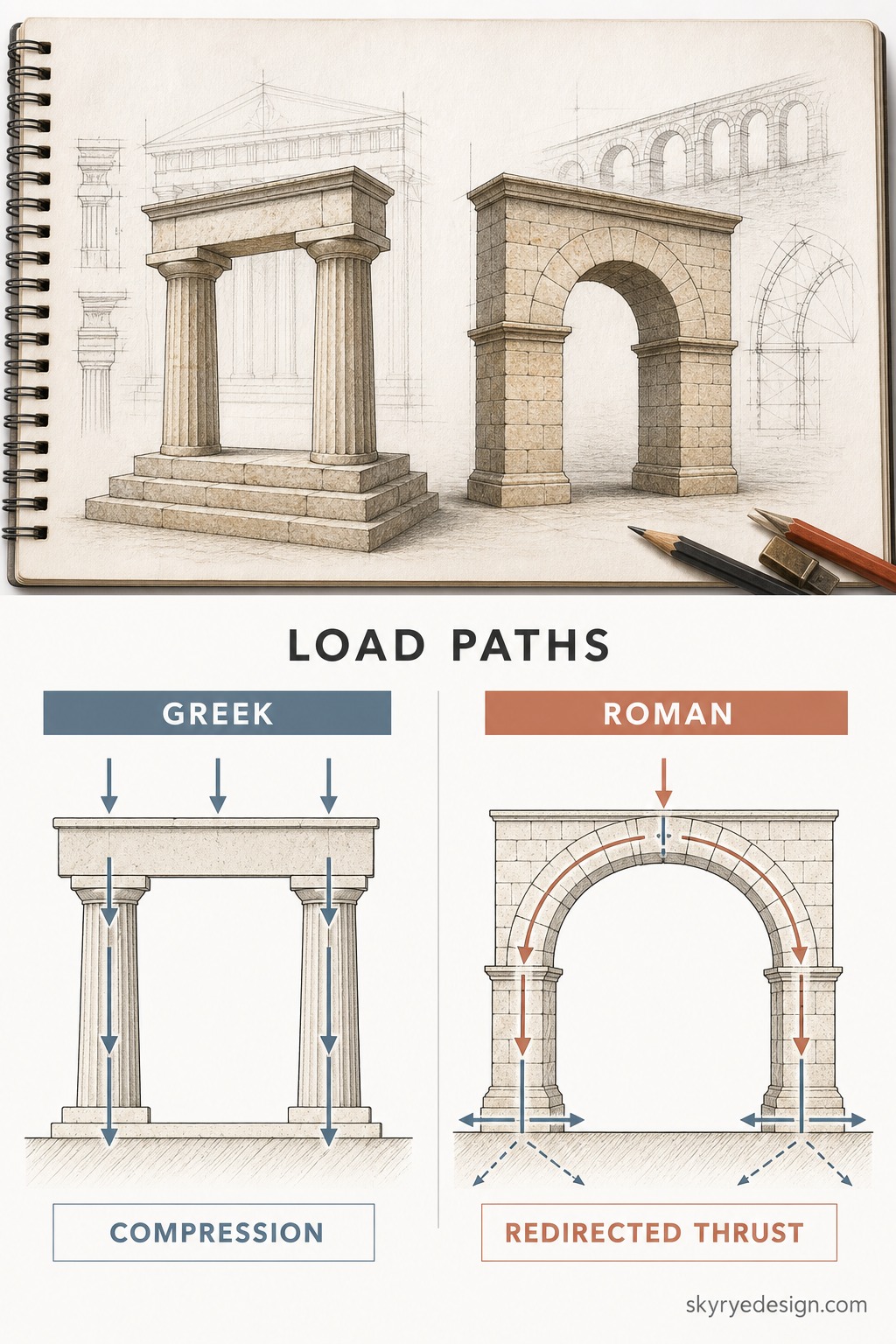 Greek vs Roman load paths infographic Infographic comparing Greek vertical compression with Roman arch redirected thrust | Sky Rye Design Infographic comparing Greek vertical compression with Roman arch redirected thrust