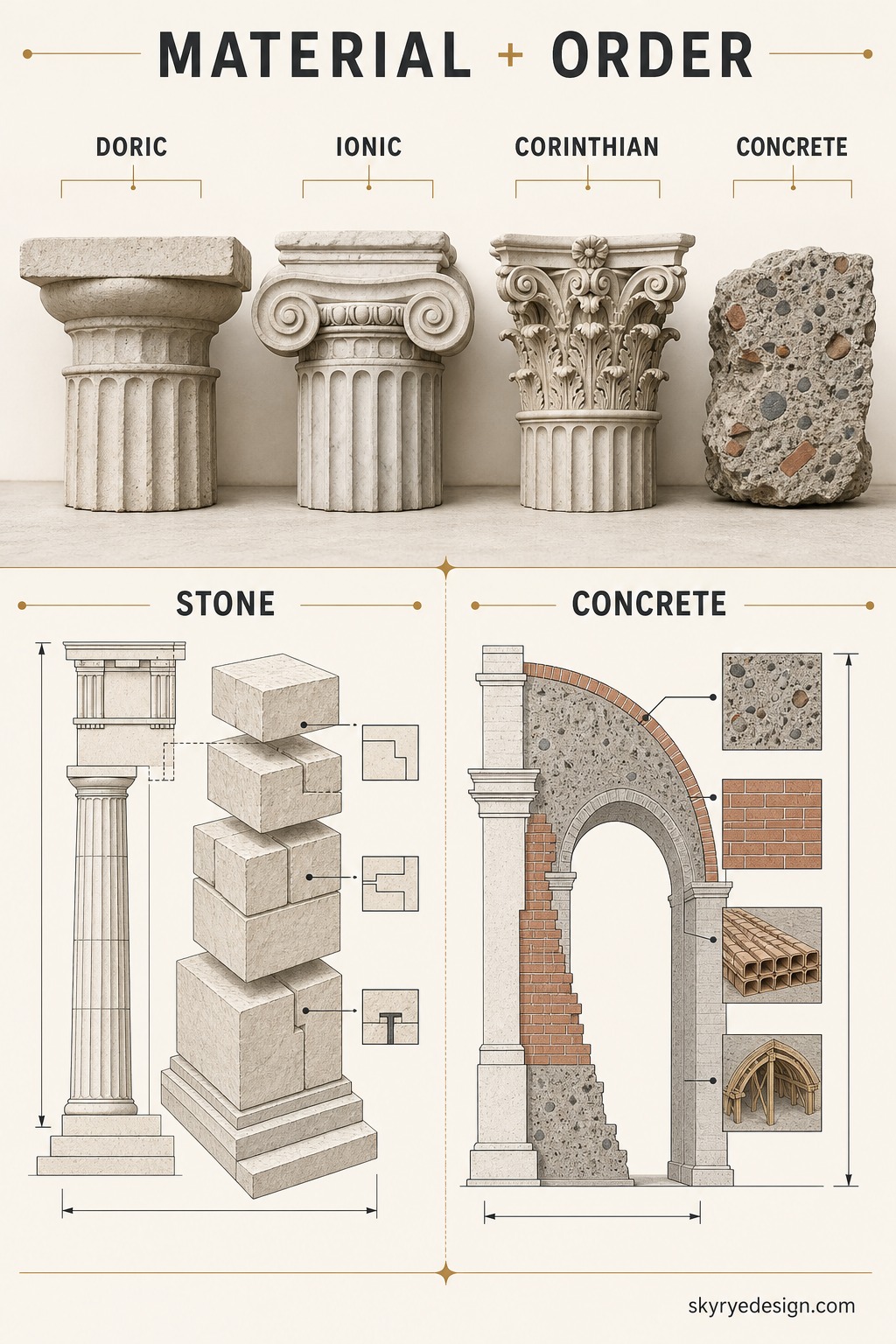 Greek vs Roman material and order infographic Infographic showing Doric Ionic Corinthian capitals and stone versus Roman concrete construction | Sky Rye Design Infographic showing Doric Ionic Corinthian capitals and stone versus Roman concrete construction