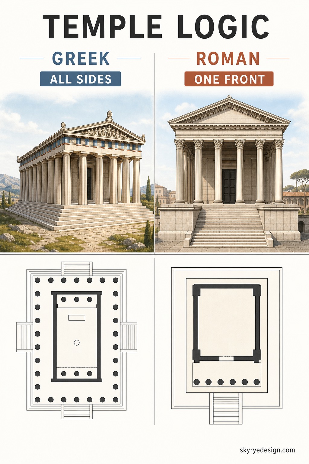 Greek vs Roman temple logic infographic Infographic comparing Greek all-sides temple layout with Roman one-front podium temple design | Sky Rye Design Infographic comparing Greek all-sides temple layout with Roman one-front podium temple design