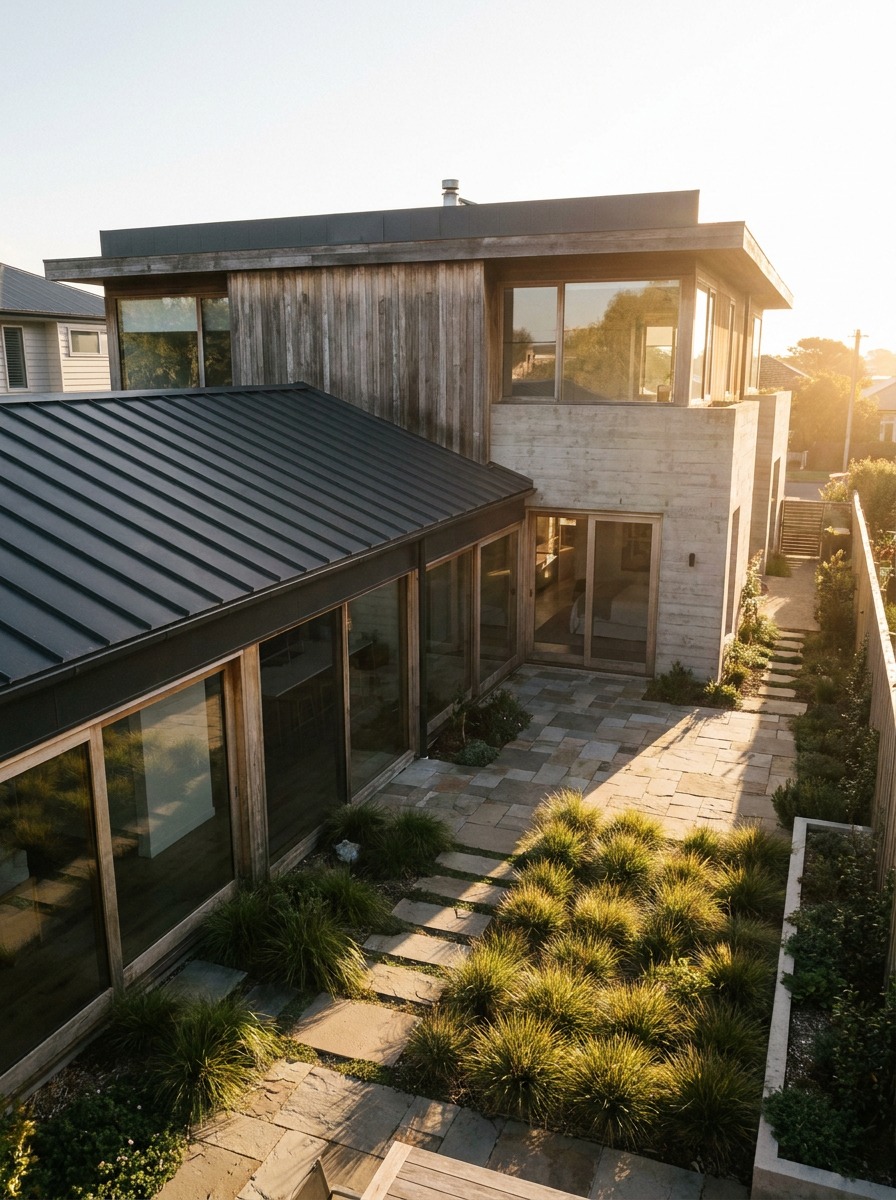 Ground-floor home addition wrapping a private garden courtyard Elevated view of a ground-floor home addition wrapping around a private garden courtyard. | Sky Rye Design Elevated view of a ground-floor home addition wrapping around a private garden courtyard.