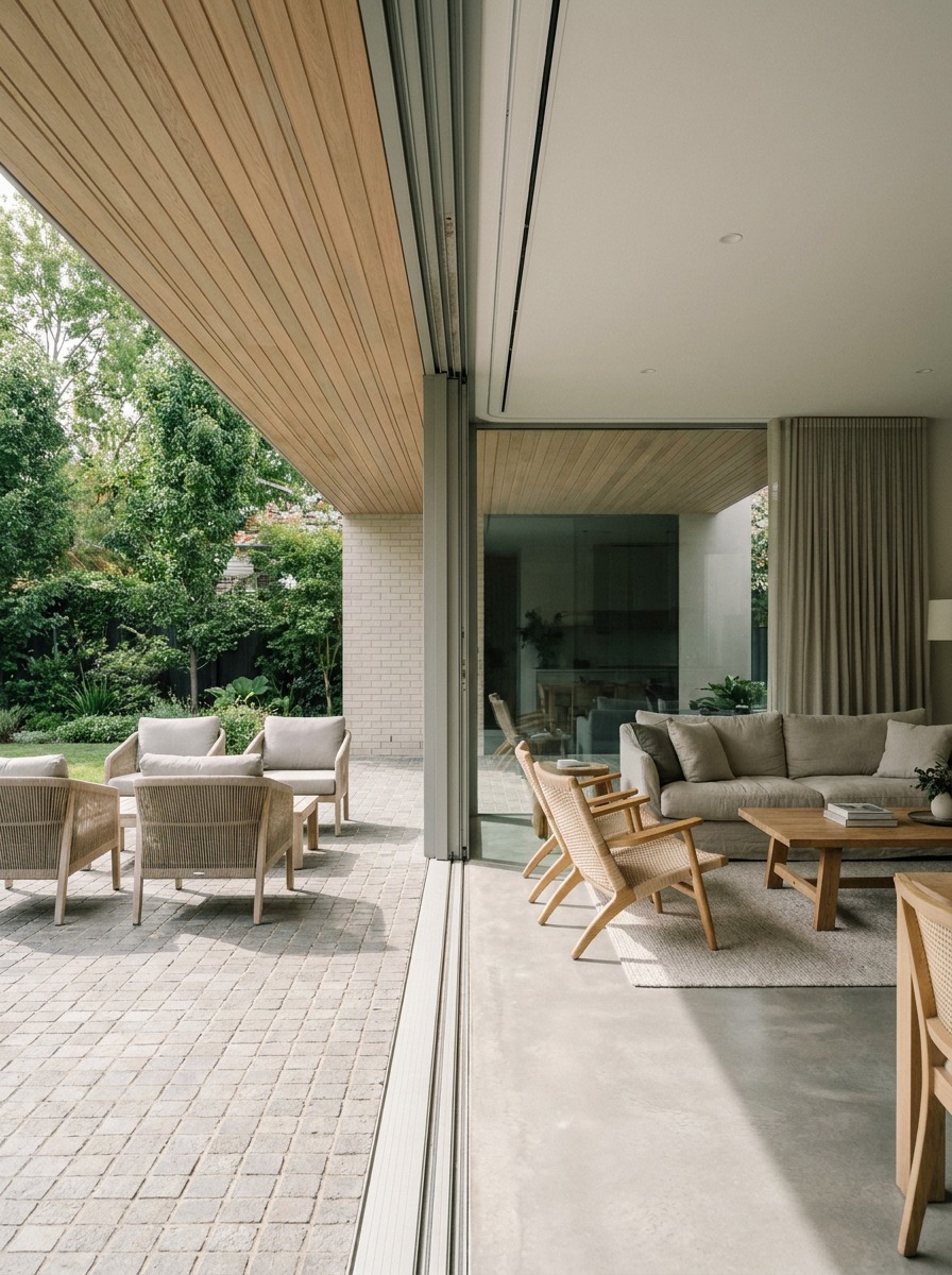 Ground-floor addition with full-width sliding glass wall Ground-floor home addition with a retracted sliding glass wall opening the interior to a patio. | Sky Rye Design Ground-floor home addition with a retracted sliding glass wall opening the interior to a patio.