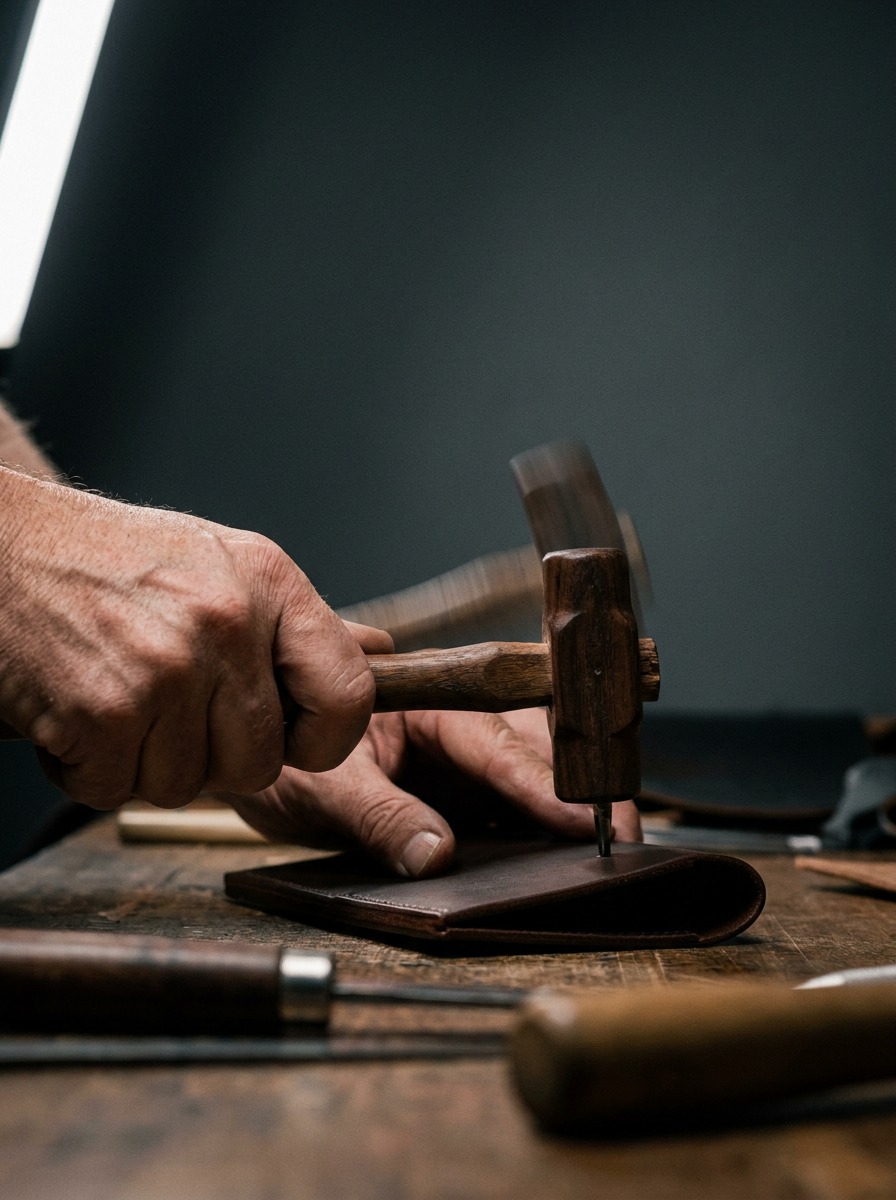 Artisan setting a leather fold with a wooden hammer Artisan's hand striking a folded leather edge with a small wooden hammer at the moment of contact | Sky Rye Design Artisan's hand striking a folded leather edge with a small wooden hammer at the moment of contact