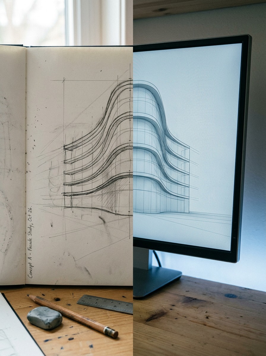 Studio desk showing a hand-drawn curved facade sketch beside a matching parametric render on a monitor.