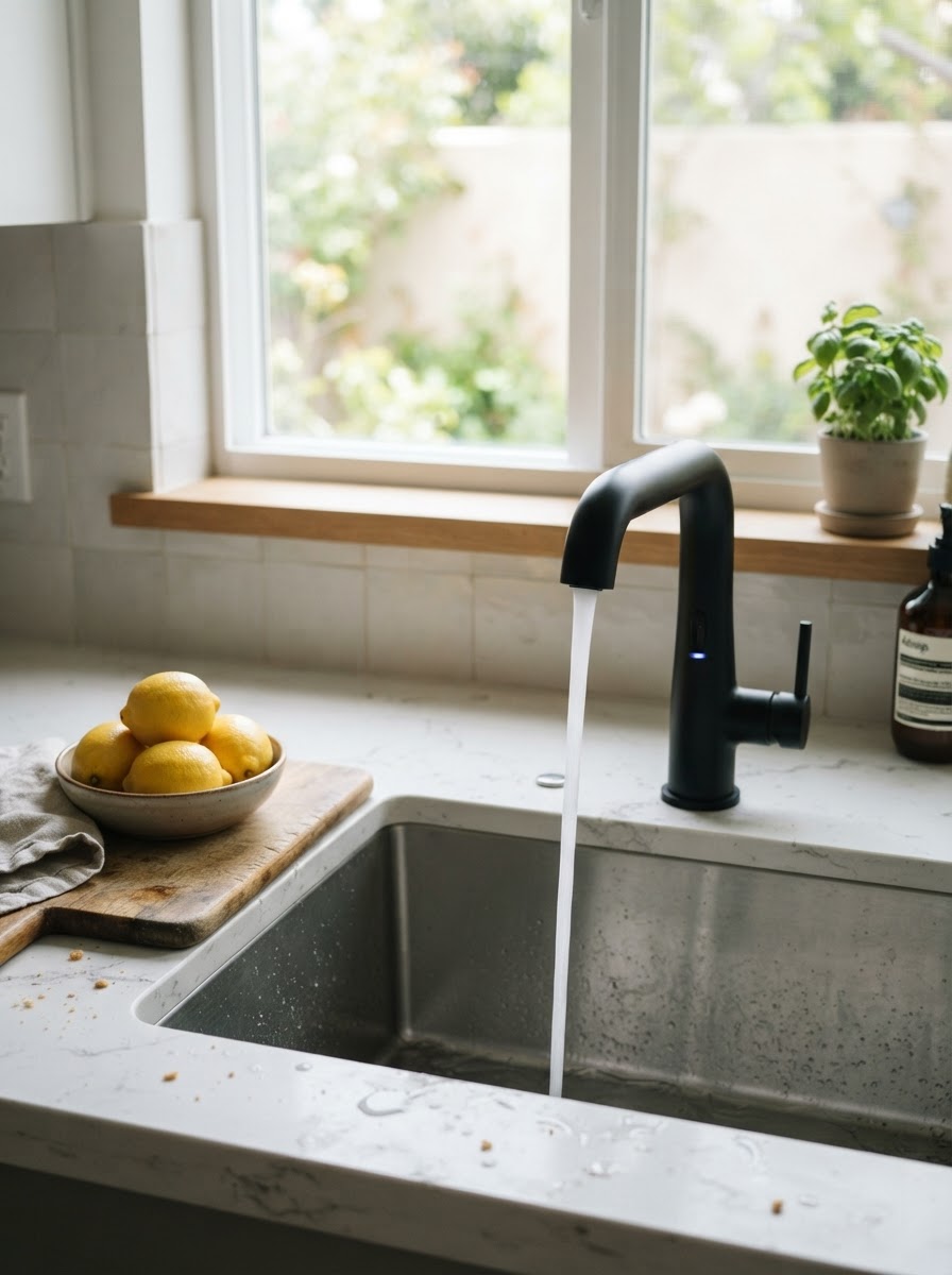 Hands-Free Motion Activated Kitchen Faucet Modern kitchen sink featuring a sleek matte-black hands-free motion-activated faucet. | Sky Rye Design Modern kitchen sink featuring a sleek matte-black hands-free motion-activated faucet.