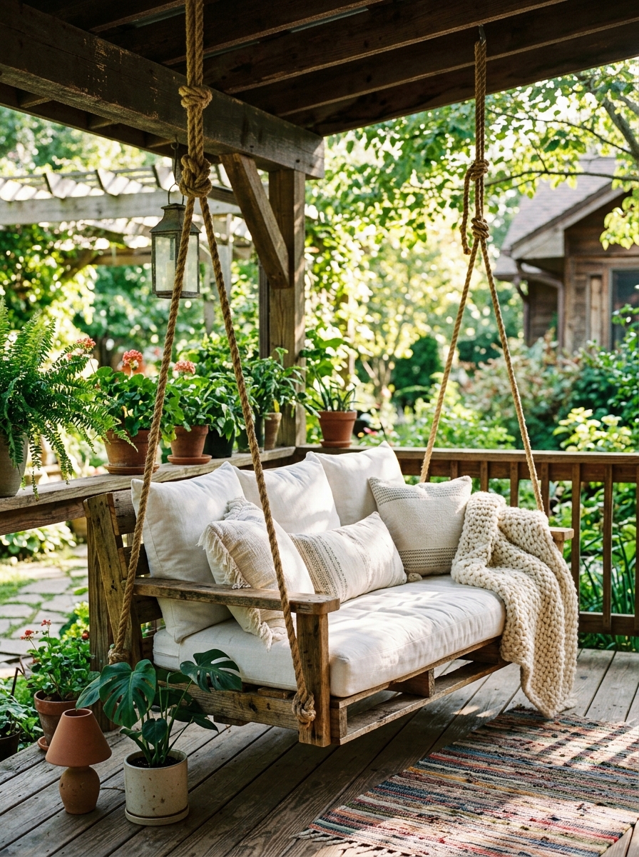 Hanging pallet porch swing sofa Cozy suspended porch swing sofa made of pallets hanging by ropes on a veranda | Sky Rye Design Cozy suspended porch swing sofa made of pallets hanging by ropes on a veranda