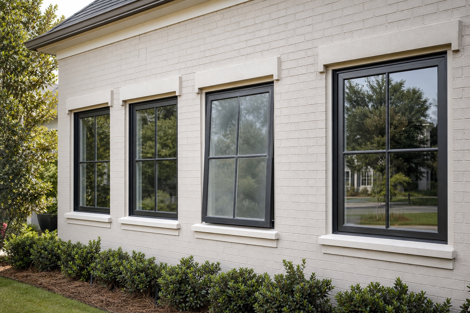 Home facade with one hazy window pane Exterior home facade with one hazy window compared with cleaner neighboring panes. | Sky Rye Design Exterior home facade with one hazy window compared with cleaner neighboring panes.