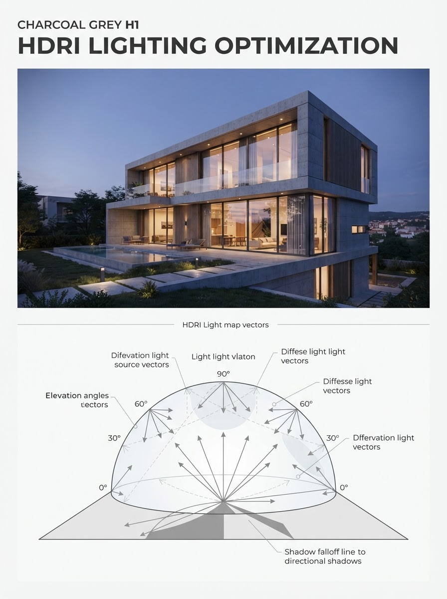 HDRI Environmental Sky Dome Lighting Optimization Infographic Two-panel infographic: Top panel shows concrete villa rendering in warm evening sunlight; bottom panel shows a 2D hemisphere sky dome HDRI light map diagram. | Sky Rye Design Two-panel infographic: Top panel shows concrete villa rendering in warm evening sunlight; bottom panel shows a 2D hemisphere sky dome HDRI light map diagram.