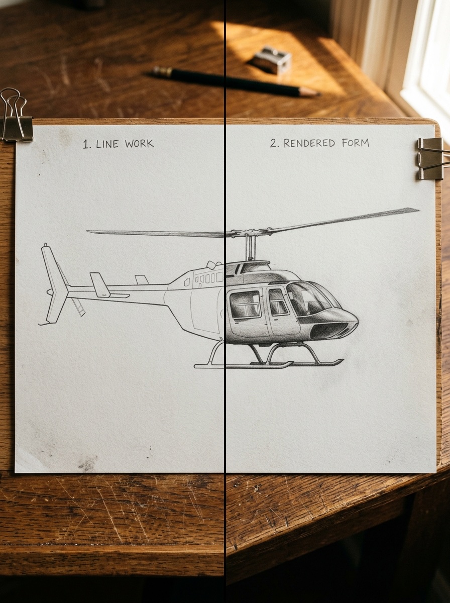 Realistic helicopter drawing shading comparison with a flat outline beside a core-shadow version.