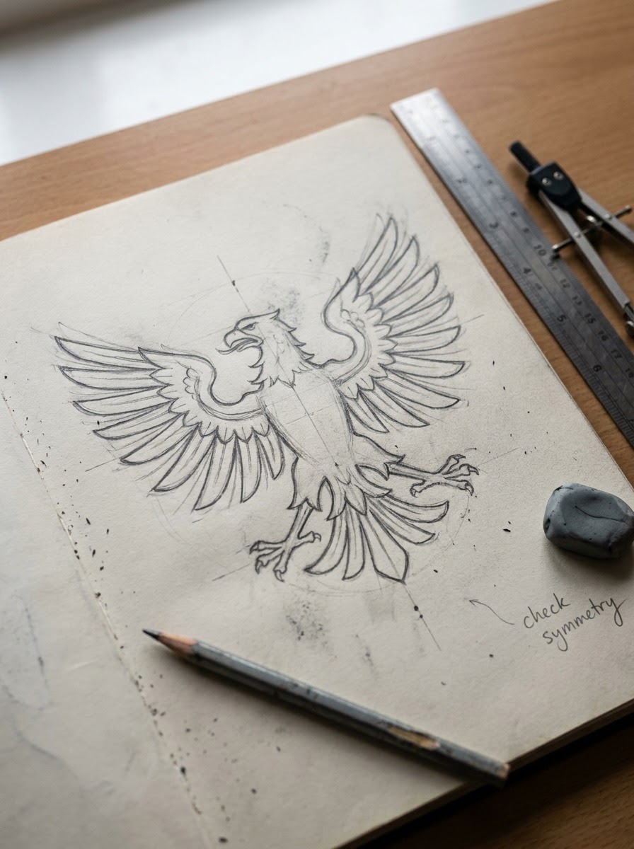Heraldic eagle emblem pencil sketch Hand-drawn heraldic eagle emblem sketch with spread wings and visible construction guides. | Sky Rye Design Hand-drawn heraldic eagle emblem sketch with spread wings and visible construction guides.