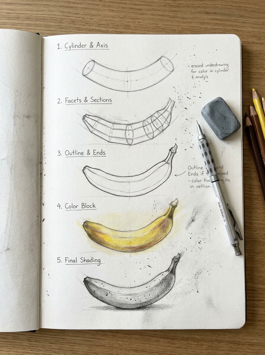 Five-panel banana construction sketchbook A sketchbook page showing five stages of a realistic banana drawing from construction to shading. | Sky Rye Design A sketchbook page showing five stages of a realistic banana drawing from construction to shading.
