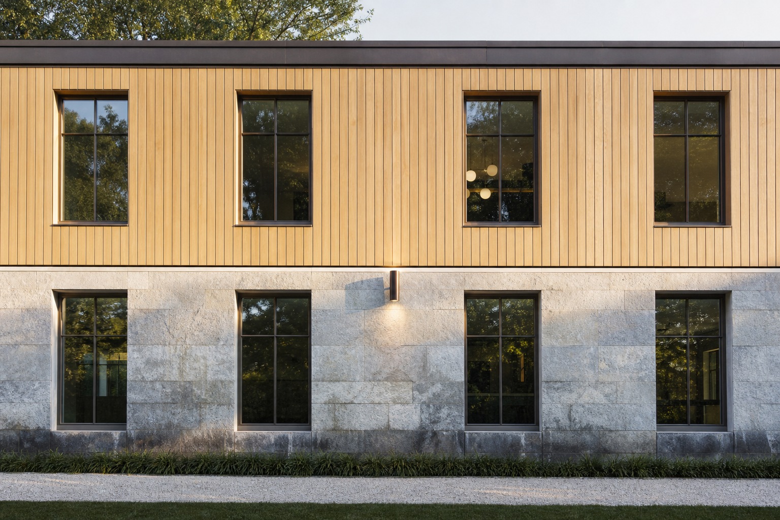 ADRB package elevation and material study Architectural elevation study showing stone, cedar, and bronze materials on a modern custom home. | Sky Rye Design Architectural elevation study showing stone, cedar, and bronze materials on a modern custom home.