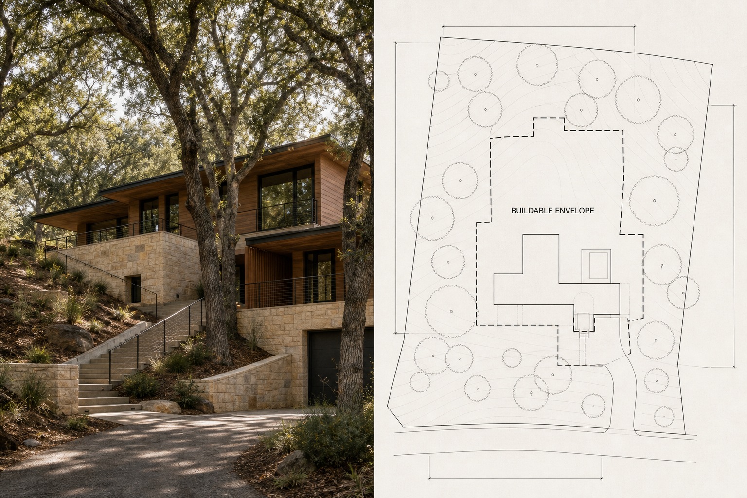 Split-frame site photo + buildable envelope plan Split-frame architectural graphic comparing a Hillsborough home facade with a buildable envelope plan. | Sky Rye Design Split-frame architectural graphic comparing a Hillsborough home facade with a buildable envelope plan.