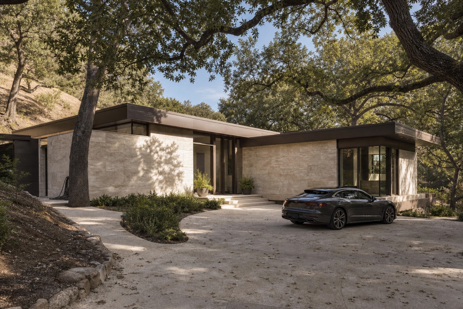 Hero facade among mature oaks Ultra-modern Hillsborough custom home facade set among mature oak trees on a sloped lot. | Sky Rye Design Ultra-modern Hillsborough custom home facade set among mature oak trees on a sloped lot.