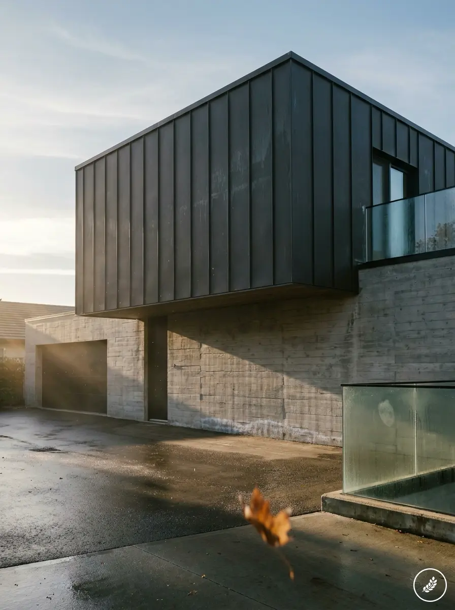Modern_home_second_story_addition_202607211321 Modern minimalist house with dark metal cladding, concrete facade, glass balcony, wet driveway and falling autumn leaf | Sky Rye Design Modern minimalist house with dark metal cladding, concrete facade, glass balcony, wet driveway and falling autumn leaf