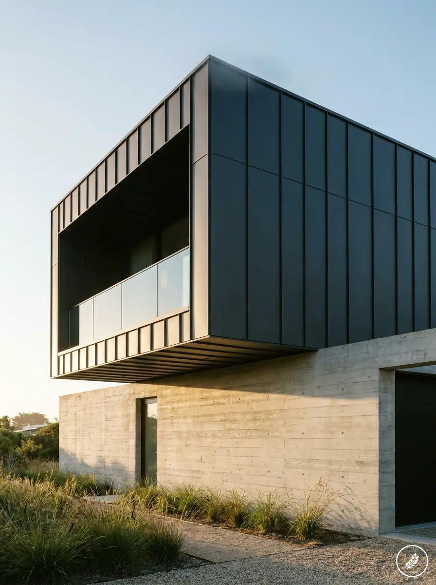 Modern_home_second_story_addition_202607210202 Modern minimalist cantilevered house with black metal upper level, glass balcony and concrete base in landscaped dune grasses. | Sky Rye Design Modern minimalist cantilevered house with black metal upper level, glass balcony and concrete base in landscaped dune grasses.