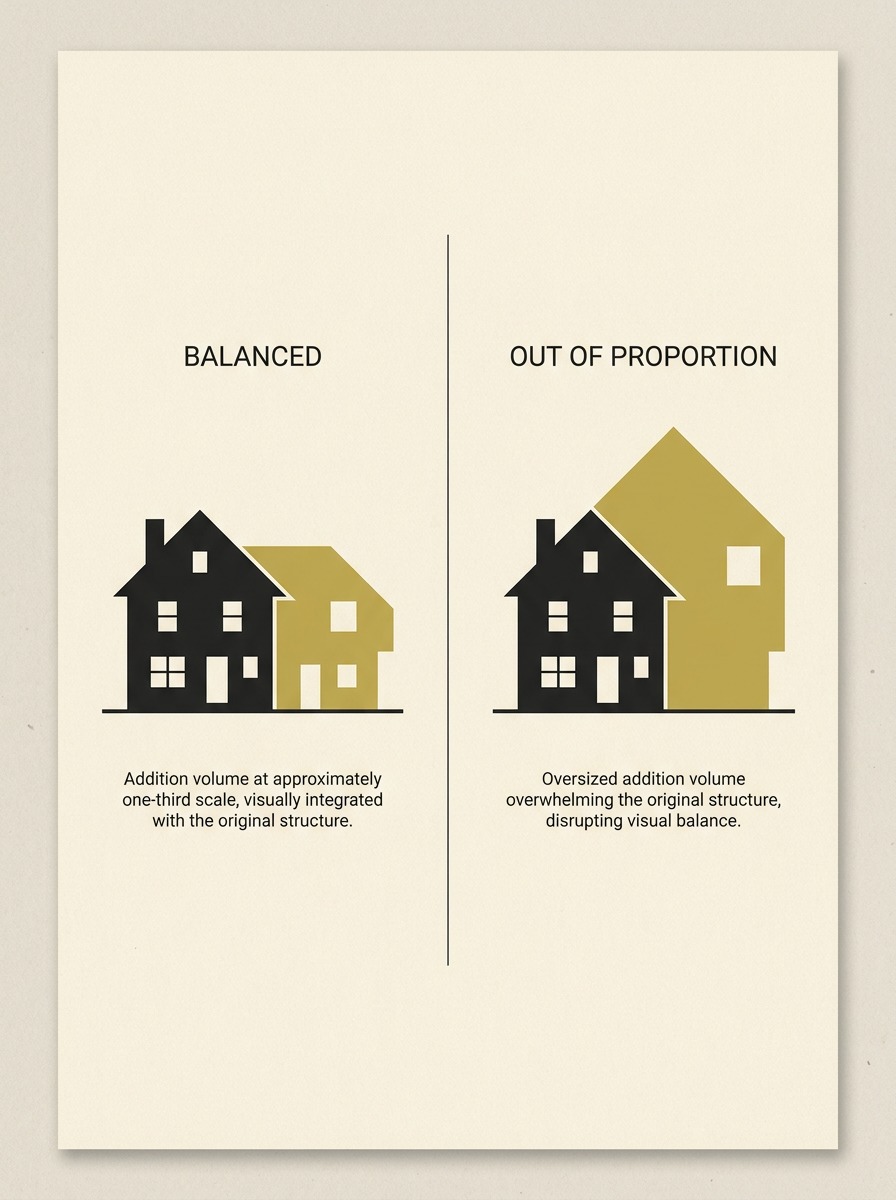 Home addition massing proportion guide Flat infographic comparing a balanced home addition mass with an oversized addition. | Sky Rye Design Flat infographic comparing a balanced home addition mass with an oversized addition.