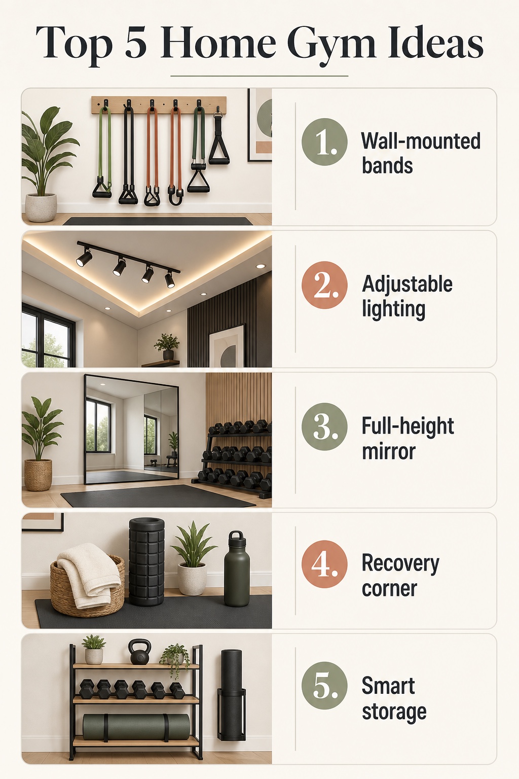 Top five home gym ideas infographic showing resistance bands, adjustable lighting, mirror, recovery corner, and smart storage