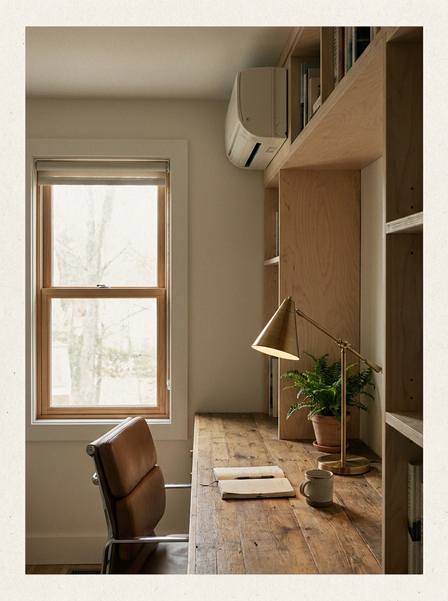 A compact home office with a ductless mini-split near the ceiling and a desk by an operable window.