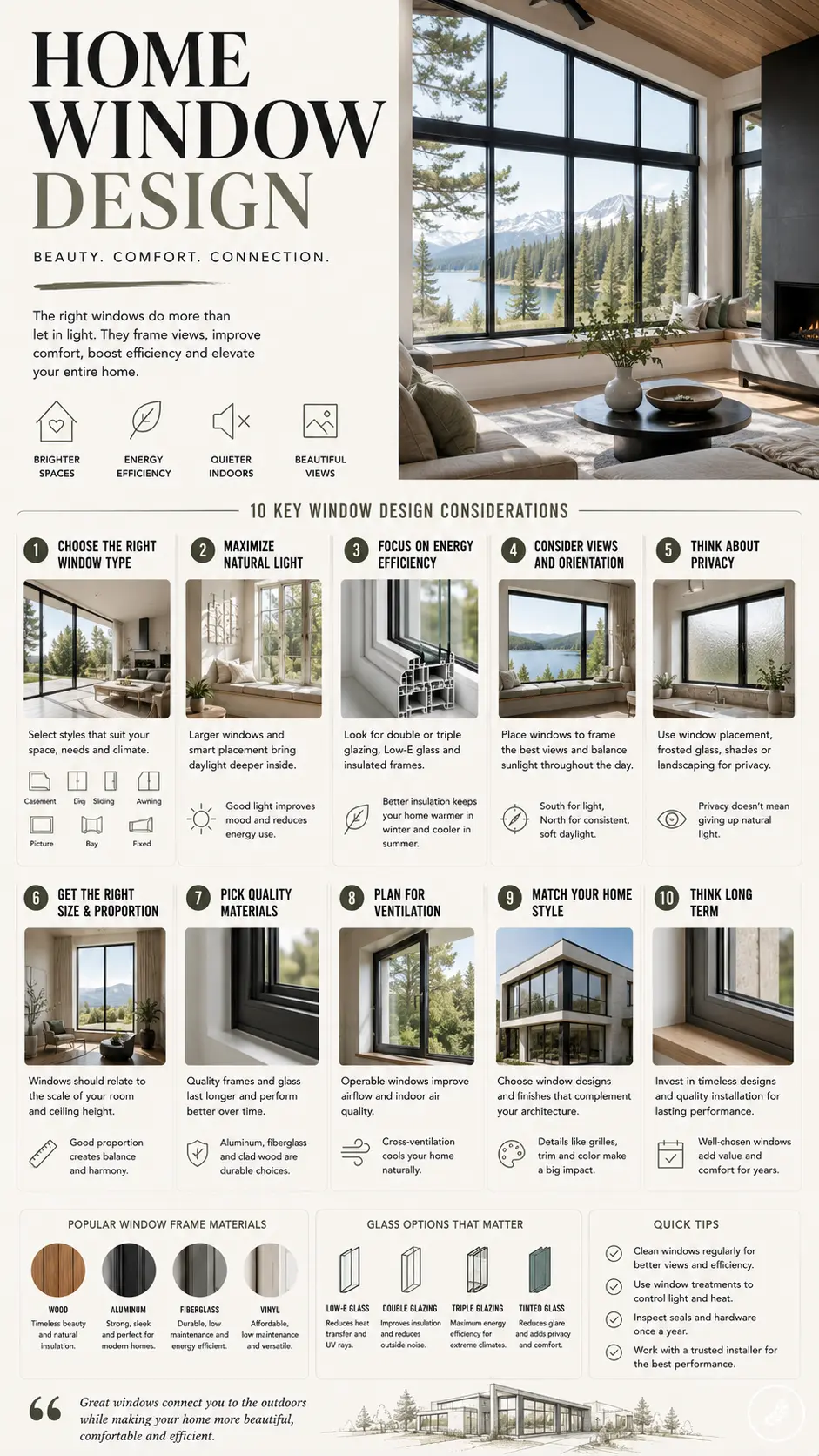 Home window design infographic showing large lake-view picture windows, energy efficiency, materials, ventilation tips
