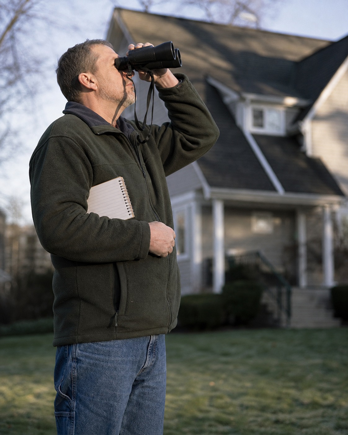 Homeowner checking a roof from the front yard with binoculars and a small notepad