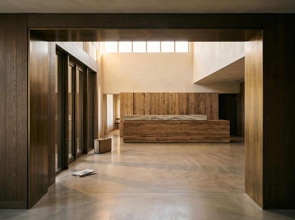 Hospitality: arrival sequence and material warmth Warm hotel lobby arrival sequence with brass details, timber reception desk, and stone counter. | Sky Rye Design Warm hotel lobby arrival sequence with brass details, timber reception desk, and stone counter.