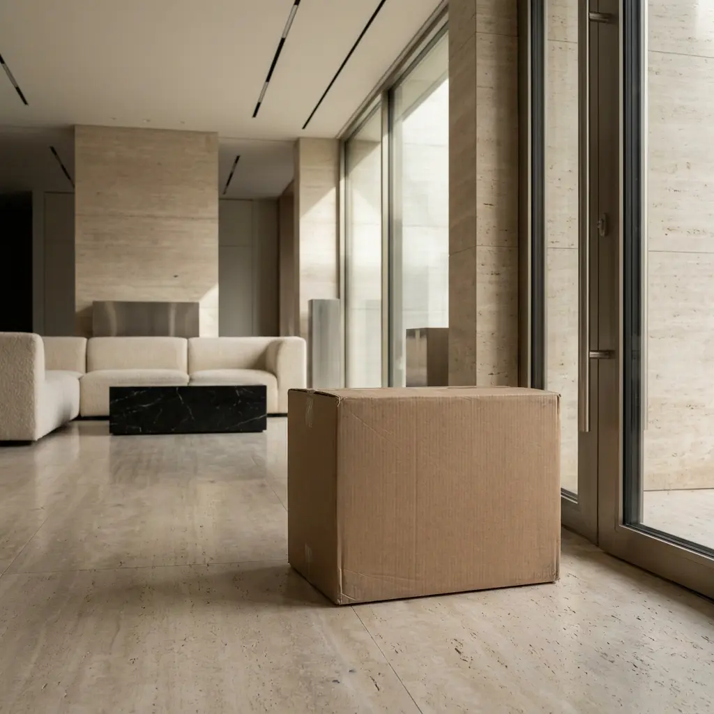 download 31 Cardboard box sits on a marble-tiled living room floor near large windows; modern beige sofa in background. | Sky Rye Design Moving cardboard box on marble floor by floor-to-ceiling windows in a modern minimal living room, package delivery