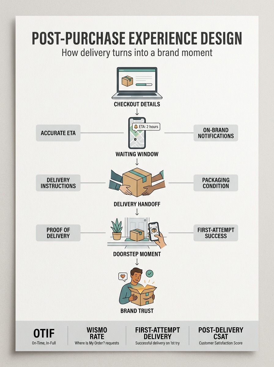 post-purchase-experience-infographic Post-purchase delivery infographic: checkout to ETA, waiting window, delivery handoff, doorstep moment, brand trust | Sky Rye Design Post-purchase delivery infographic: checkout to ETA, waiting window, delivery handoff, doorstep moment, brand trust