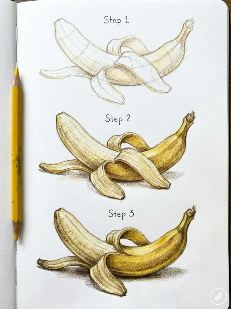 Peeled_banana_drawing_tutorial_s_202607180057 Step-by-step banana drawing tutorial: three stages from pencil sketch to colored pencil banana with peel. | Sky Rye Design Step-by-step banana drawing tutorial: three stages from pencil sketch to colored pencil banana with peel.