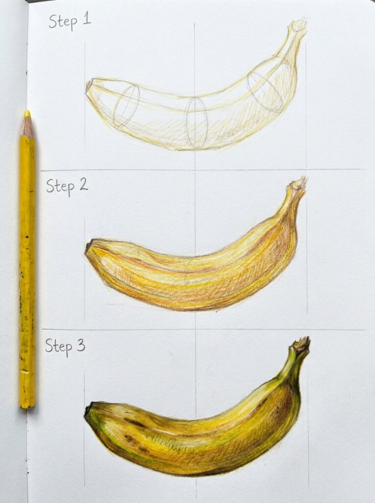 Banana_drawing_tutorial_steps_202607180054 Step 1 shows a pale pencil sketch of a banana with construction circles, drawn across a notebook page. | Sky Rye Design Step 1 shows a pale pencil sketch of a banana with construction circles, drawn across a notebook page.