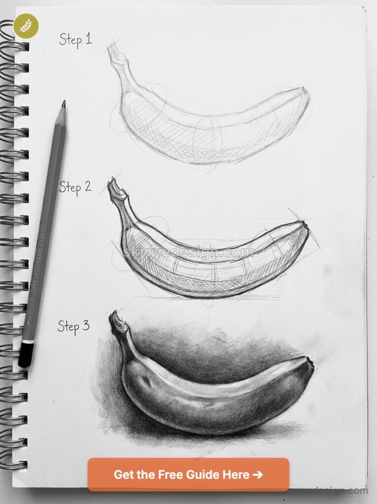 tutorial-banana Pencil sketch tutorial: three-step banana drawing with shading on spiral sketchbook, pencil beside artwork. | Sky Rye Design Pencil sketch tutorial: three-step banana drawing with shading on spiral sketchbook, pencil beside artwork.
