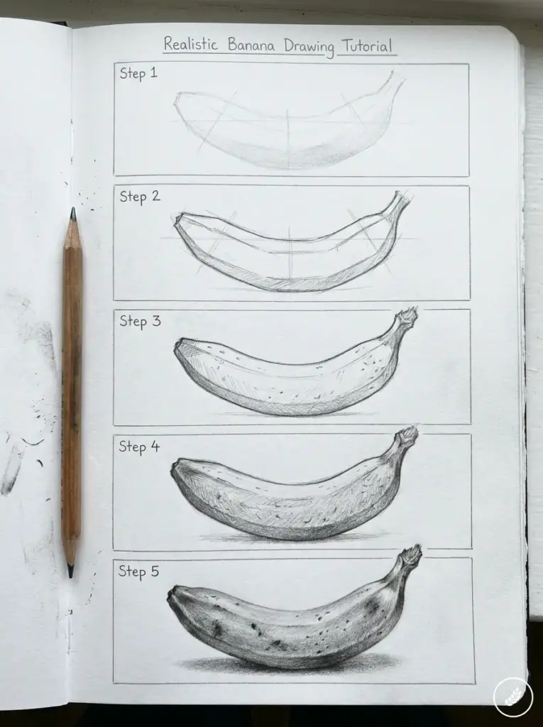 Banana_drawing_tutorial_steps_202607180052 Pencil sketchbook showing a 5-step realistic banana drawing tutorial with progressive pencil sketches and a pencil at left | Sky Rye Design Pencil sketchbook showing a 5-step realistic banana drawing tutorial with progressive pencil sketches and a pencil at left