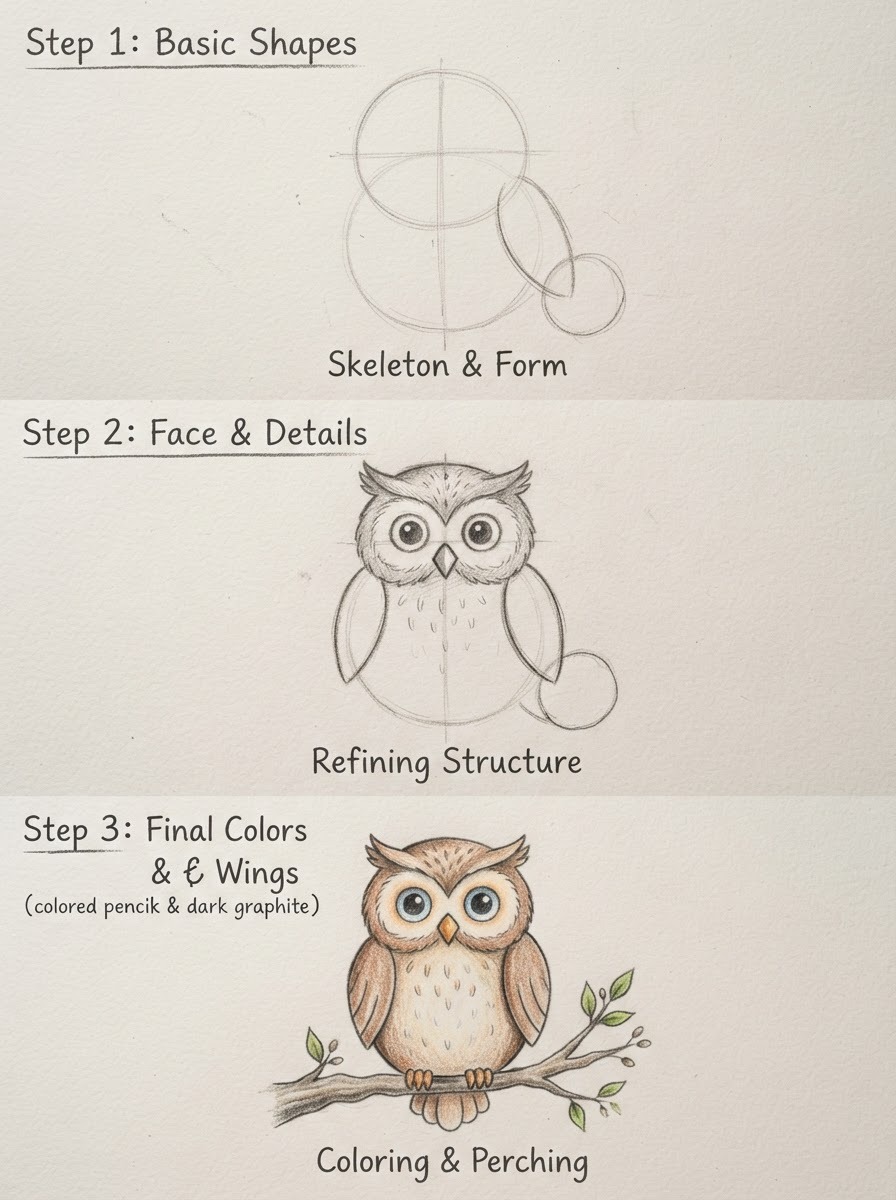 Three-step pencil tutorial showing a cartoon owl progressing from skeleton to finished colored drawing