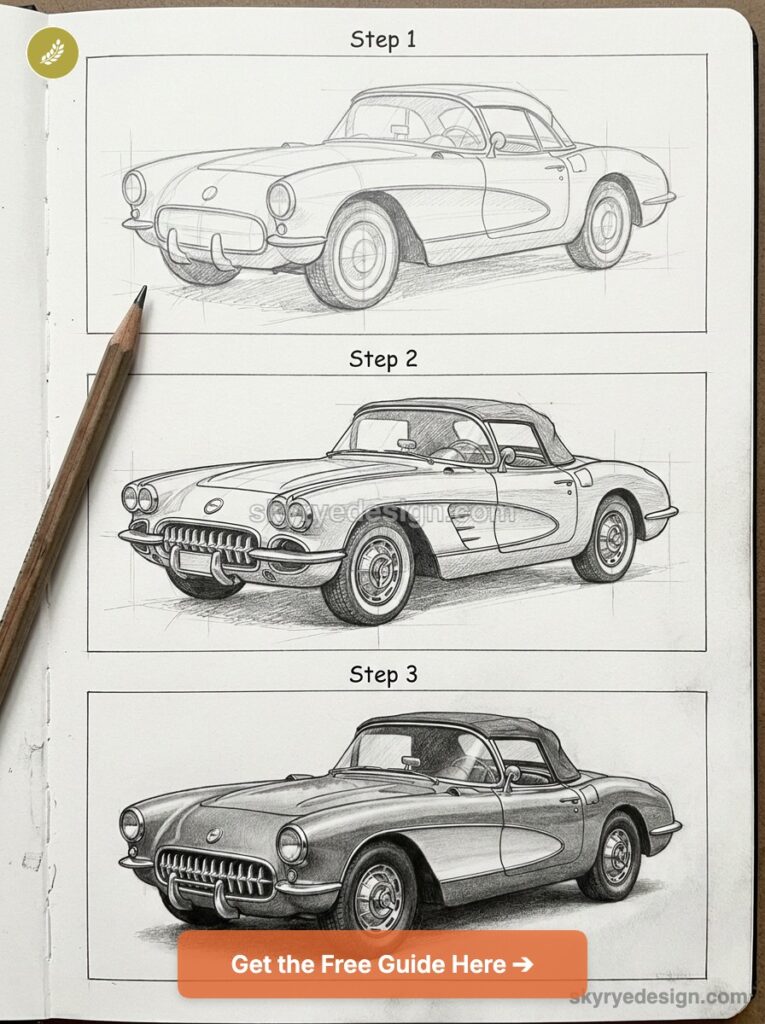 tutorial-corvette-c1 Pencil car drawing tutorial: step-by-step sketches of a classic convertible sports car in three stages on a sketchbook. | Sky Rye Design Pencil car drawing tutorial: step-by-step sketches of a classic convertible sports car in three stages on a sketchbook.