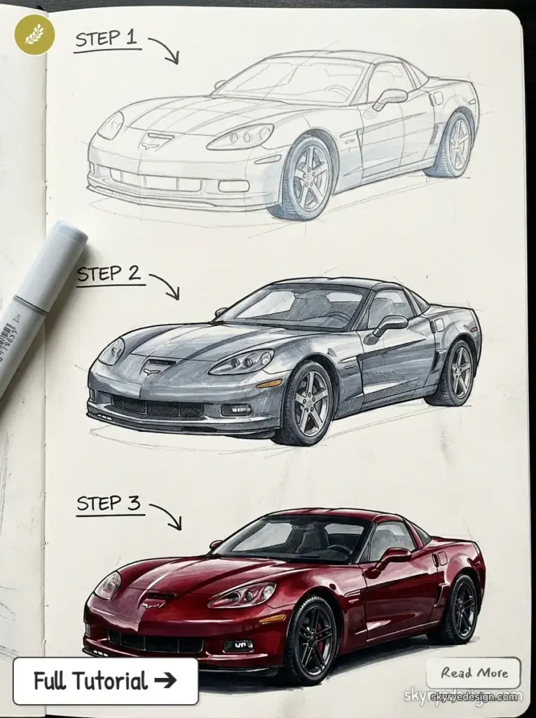 copic-tutorial-1783418196373 Car drawing tutorial: three stages from pencil sketch to shaded and final red Corvette rendering. | Sky Rye Design Car drawing tutorial: three stages from pencil sketch to shaded and final red Corvette rendering.